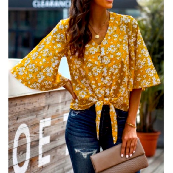 Yellow Floral Tied Front Top - Picture 4 of 5